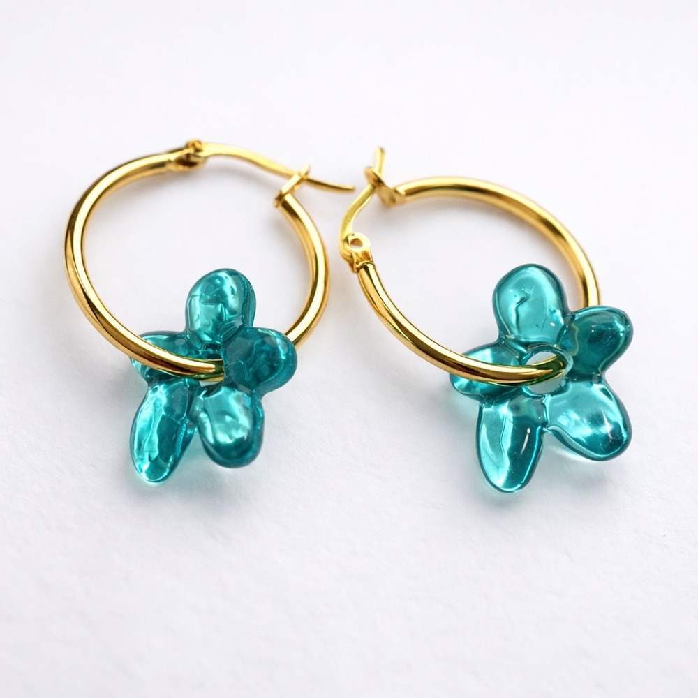 Gold Hoop Earrings with Turquoise Flower Charms